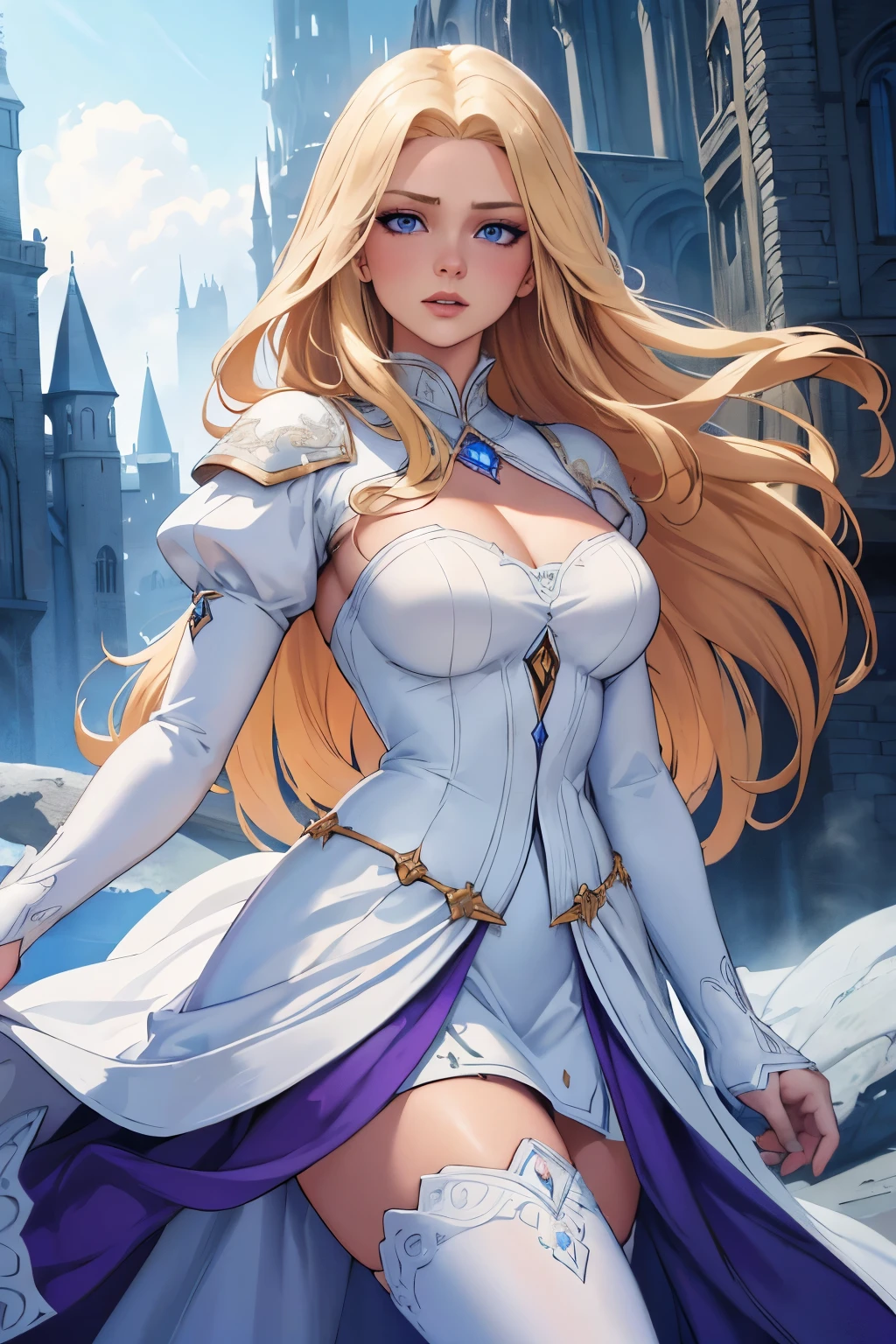 a beautiful princess with long blond hair, vivid blue eyes, wearing a white and purple dress, white pantyhose, high white boots, in a dominant pose, medieval mage, detailed face and eyes, photorealistic, dramatic lighting, intricate details, cinematic composition, fantasy art, digital painting, (best quality,4k,8k,highres,masterpiece:1.2),ultra-detailed,(realistic,photorealistic,photo-realistic:1.37)
