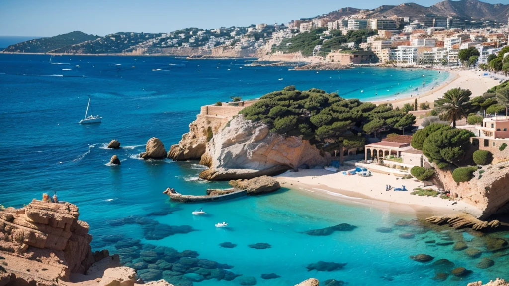 Alafud view of the rocky beach with a boat in the water, mediterranean island scenery, mediterranean vista, southern european scenery, ibiza, turquoise water, cannes, mediterranean vista, Interesting background, 在mediterranean vista中, shutter, Clear water, Beautiful sea view, byEtienne Delessert, mediterranean beach background, Clear water, in stock