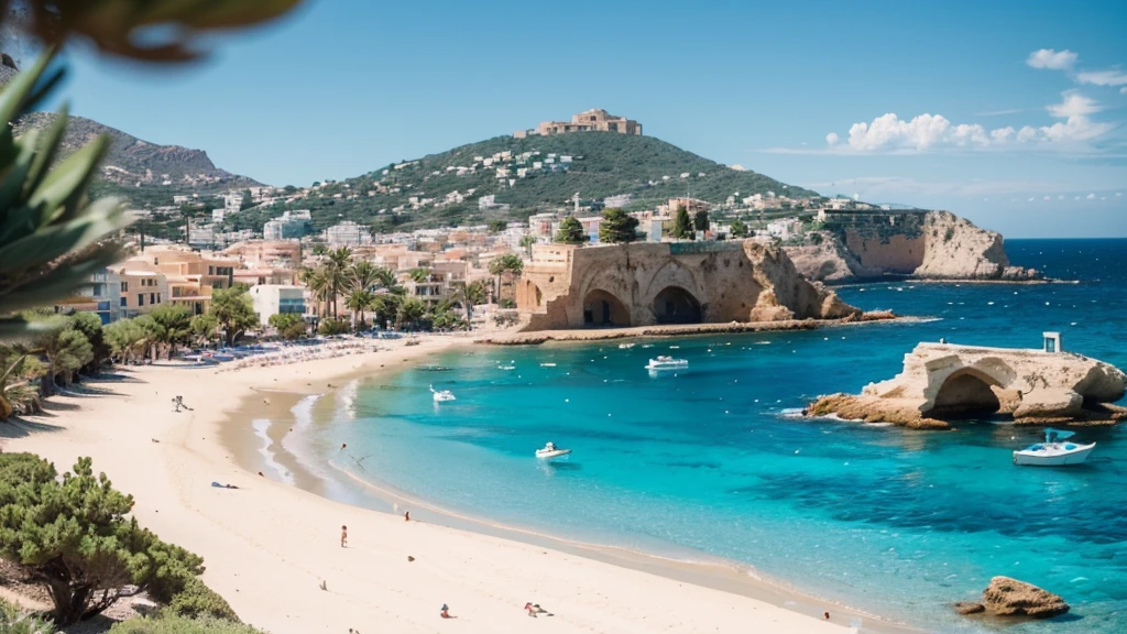 Alafud view of the rocky beach with a boat in the water, mediterranean island scenery, mediterranean vista, southern european scenery, ibiza, turquoise water, cannes, mediterranean vista, Interesting background, 在mediterranean vista中, shutter, Clear water, Beautiful sea view, byEtienne Delessert, mediterranean beach background, Clear water, in stock