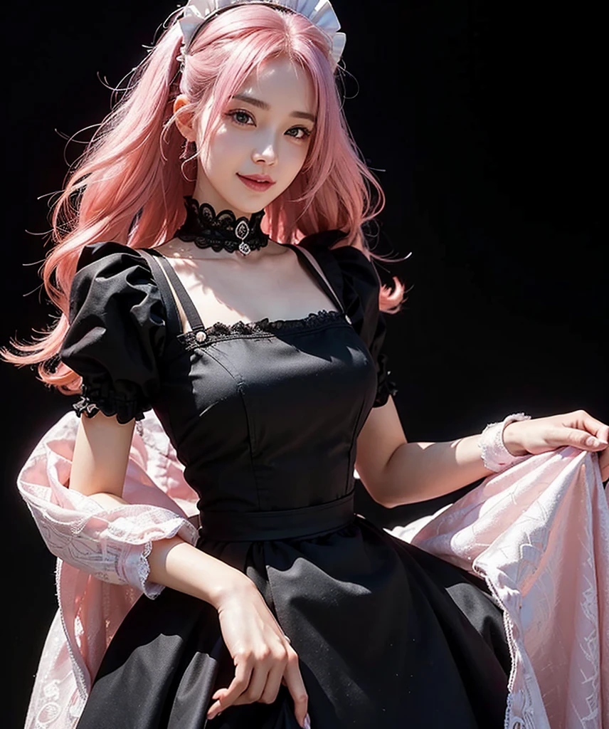a beautiful girl,pink hair,back pose,looking at to the viewer,(Very Detailed: 1.3),ultra realistic,HDR,(High Dynamic Range),8K RAW,(((1GIRL))),(((wearing maid dress))),smile face,(((black background))),masterpiece,best quality,perfect proportions