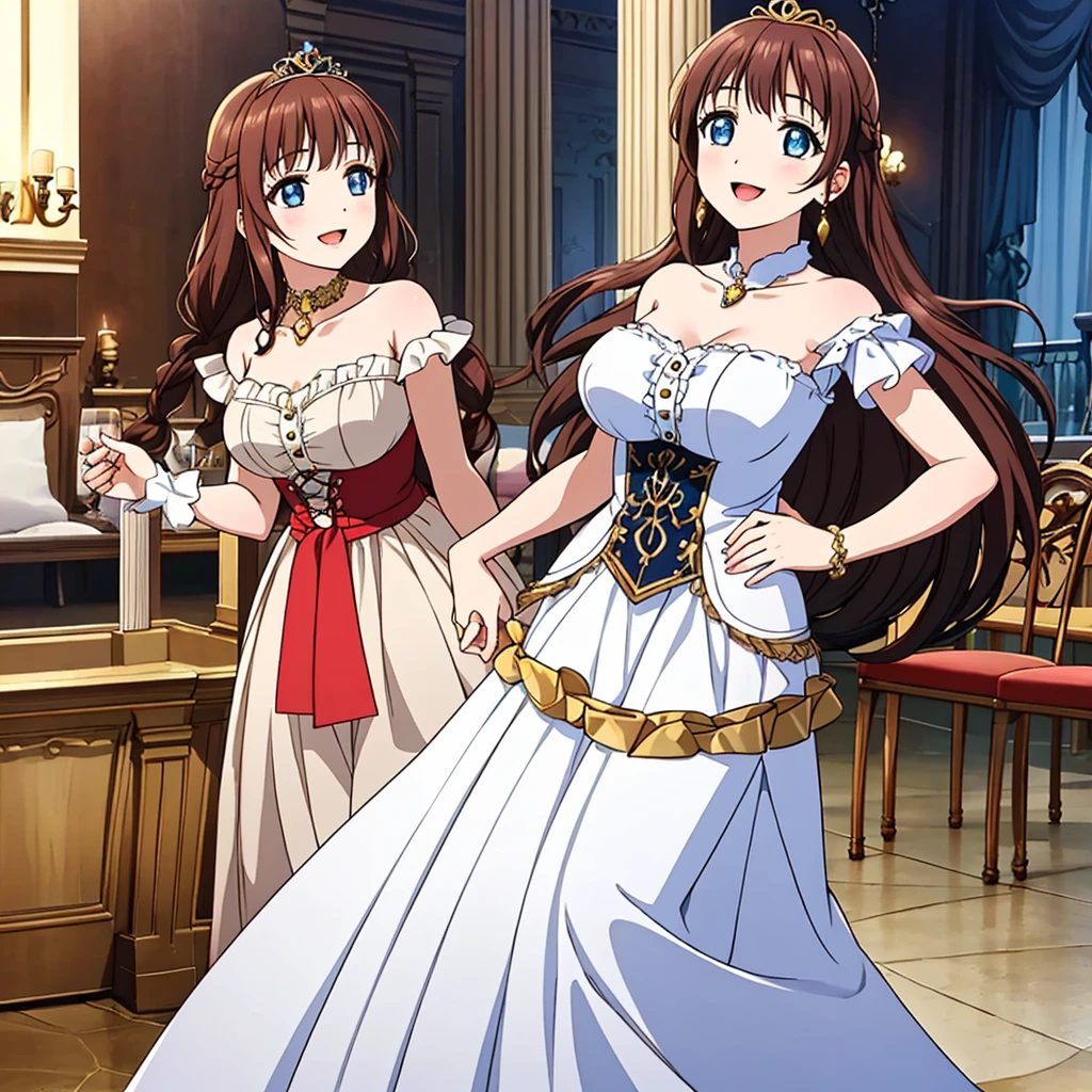 (highest quality, masterpiece:1.2), highest quality, High resolution, 1080P, 8K, Height: 158cm, ((High-definition game CG)), ((Like a beautiful girl dreaming of a game heroine、Very intelligent, very noble, lovely and pure beautiful princesses、With the best smile、Looking at the audience、Hands over their mouths)), A face that everyone loves, Glossy lips, Even bangs, ((Very beautiful blue eyes)), ((Very beautiful and long hair)), (((The most luxurious in the world、Rococo dress))), ((tiara studded with diamonds)), So many gemstones, Extremely lustrous, shiny game heroine lips, A girl with her open hand over her open mouth, like a game heroine, Ribbon in hair, Tight waist, slender, The ribbon is big and very pretty., Beautiful hair like a hair model, Long skirt, ((((French palace ballroom))))