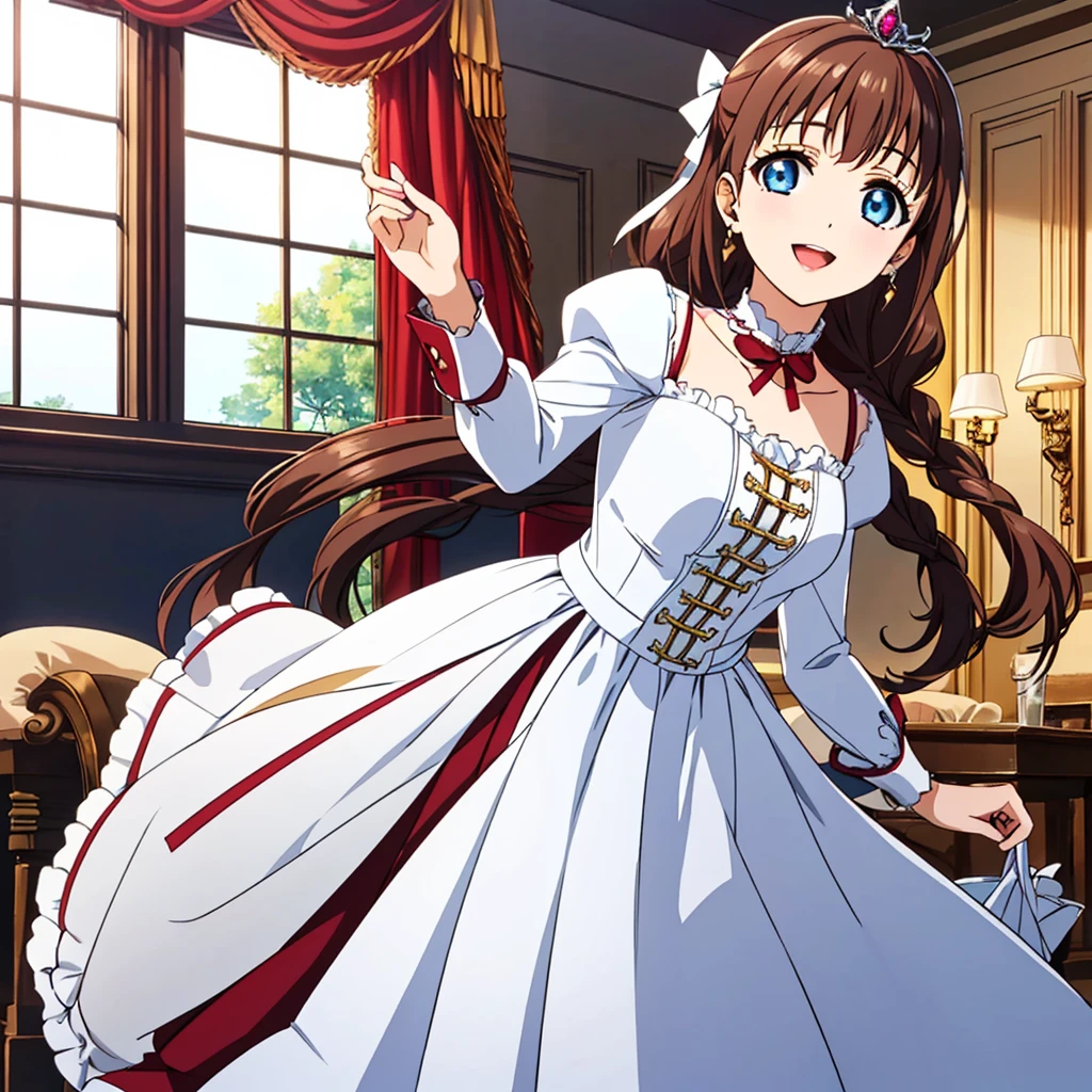 (highest quality, masterpiece:1.2), highest quality, High resolution, 1080P, 8K, Height: 158cm, ((High-definition game CG)), ((Like a beautiful girl dreaming of a game heroine、Very intelligent, very noble, lovely and pure beautiful princesses、With the best smile、Looking at the audience、Hands over their mouths)), A face that everyone loves, Glossy lips, Even bangs, ((Very beautiful blue eyes)), ((Very beautiful and long hair)), (((The most luxurious in the world、Rococo dress))), ((tiara studded with diamonds)), So many gemstones, Extremely lustrous, shiny game heroine lips, A girl with her open hand over her open mouth, like a game heroine, Ribbon in hair, Tight waist, slender, The ribbon is big and very pretty., Beautiful hair like a hair model, Long skirt, ((((French palace ballroom))))