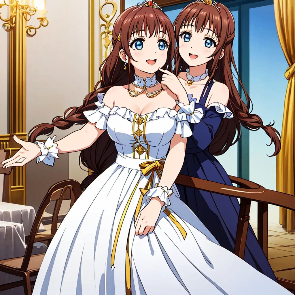 (highest quality, masterpiece:1.2), highest quality, High resolution, 1080P, 8K, Height: 158cm, ((High-definition game CG)), ((Like a beautiful girl dreaming of a game heroine、Very intelligent, very noble, lovely and pure beautiful princesses、With the best smile、Looking at the audience、Hands over their mouths)), A face that everyone loves, Glossy lips, Even bangs, ((Very beautiful blue eyes)), ((Very beautiful and long hair)), (((The most luxurious in the world、Rococo dress))), ((tiara studded with diamonds)), So many gemstones, Extremely lustrous, shiny game heroine lips, A girl with her open hand over her open mouth, like a game heroine, Ribbon in hair, Tight waist, slender, The ribbon is big and very pretty., Beautiful hair like a hair model, Long skirt, ((((French palace ballroom))))