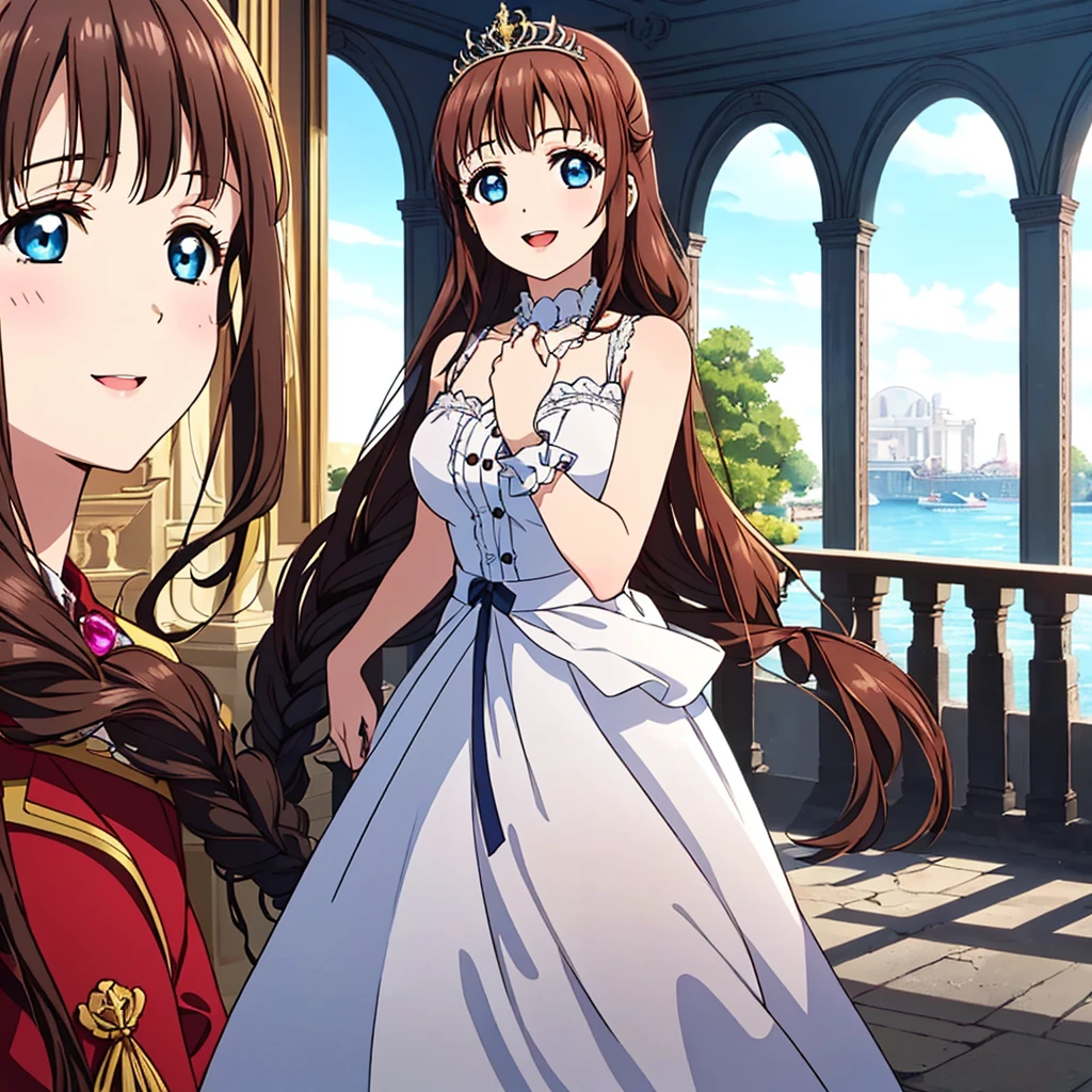 (highest quality, masterpiece:1.2), highest quality, High resolution, 1080P, 8K, Height: 158cm, ((High-definition game CG)), ((Like a beautiful girl dreaming of a game heroine、Very intelligent, very noble, lovely and pure beautiful princesses、With the best smile、Looking at the audience、Hands over their mouths)), A face that everyone loves, Glossy lips, Even bangs, ((Very beautiful blue eyes)), ((Very beautiful and long hair)), (((The most luxurious in the world、Rococo dress))), ((tiara studded with diamonds)), So many gemstones, Extremely lustrous, shiny game heroine lips, A girl with her open hand over her open mouth, like a game heroine, Ribbon in hair, Tight waist, slender, The ribbon is big and very pretty., Beautiful hair like a hair model, Long skirt, ((((French palace ballroom))))