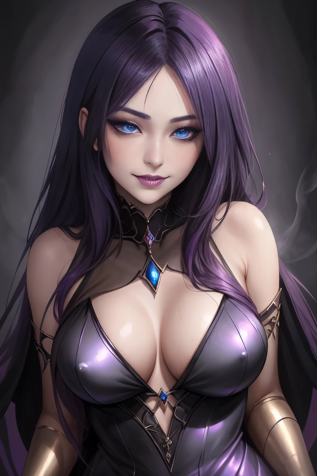 強力なスーパーevil女がクローズアップでポーズをとる, Black Goddess (Bare shoulders), length, Flowing purple hair, View your viewers, Highly detailed face, Perfect hands, Blue smoke swirling around her, evil事を愛する, Captivating blue eyes, Dark fantasy,  ， realistic girl rendering, 8k artistic german bokeh, Enchanting girl, Real Girls, Gurwitz, Gurwitz-style artwork, Girl Roleplay, Realistic 3D style, cgstation Popular Topics,, 8K Portrait Rendering,（truth，truth：1.4）、Genuine, Symmetric, High detail, Esoteric arachnids lady, Spider Queen Elise, League of Legends, Esoteric arachnids, Combat Stance, ( The body is made with liquid metallic paints in metallic mauve and metallic black...、It beautifully depicts the female form...。), length, Sharp Fangs, nature, ((Complex metallic colors in the foreground)), (( Fluid Mechanics, The most beautiful smooth scale face makeup, Smirking expression)) - Dark blood, Onyxia、Noir painting of a beautiful young witch, length purple hair, dark purple lips, evil, evil女, smile, Black Prom Dress, She is coming to you, close, Bright Blue Eyes, Surrounded by swirling pink smoke, Genuine, High detail, Highest quality