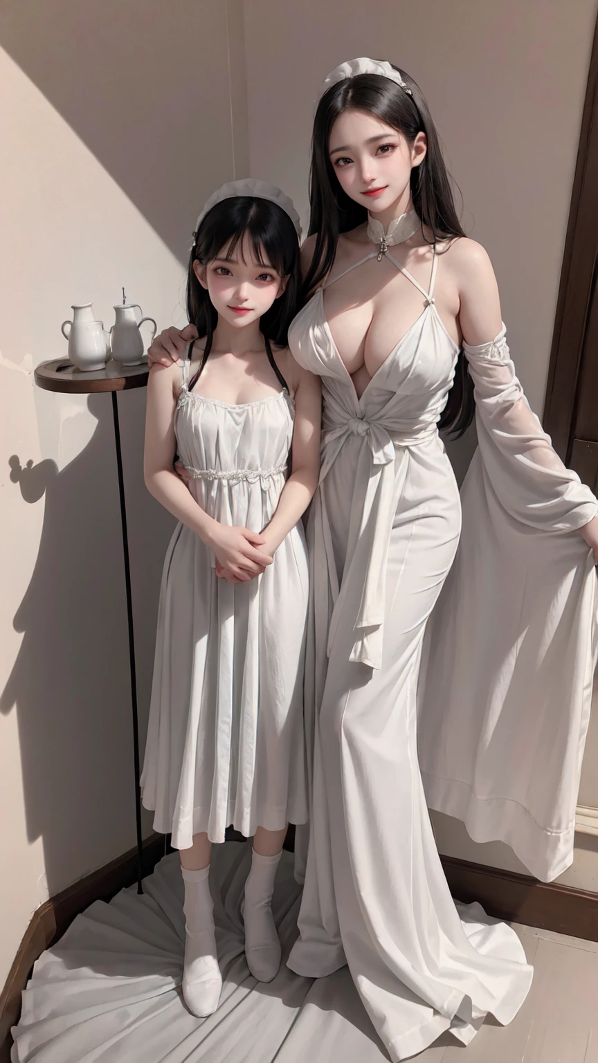 see through clothes(Full body female love:1.3),best quality, masterpiece, ultra high resolution, (lifelike:1.4), original photo, 1 female,30 years old, black hair, big eyes, Detailed eyes and face,huge breasts,split,long legs,Belted robe open ,bare shoulder,no underwear:1.5,see through clothes,Hollow material white clothes,kitchen:1.3,Smile、sleeveless costume、((Maid clothes))、((She is carrying her daughter))、Extremely revealing clothing