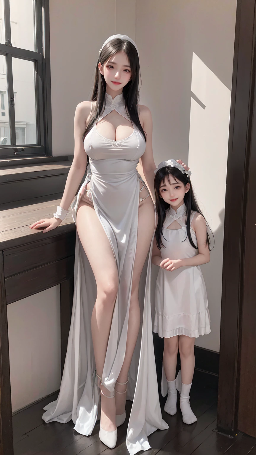 see through clothes(Full body female love:1.3),best quality, masterpiece, ultra high resolution, (lifelike:1.4), original photo, 1 female,30 years old, black hair, big eyes, Detailed eyes and face,huge breasts,split,long legs,Belted robe open ,bare shoulder,no underwear:1.5,see through clothes,Hollow material white clothes,kitchen:1.3,Smile、sleeveless costume、((Maid clothes))、((She is carrying her daughter))、Extremely revealing clothing