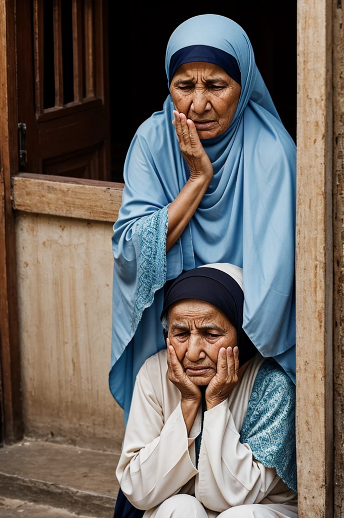 The old Muslim woman was crying in front of her house