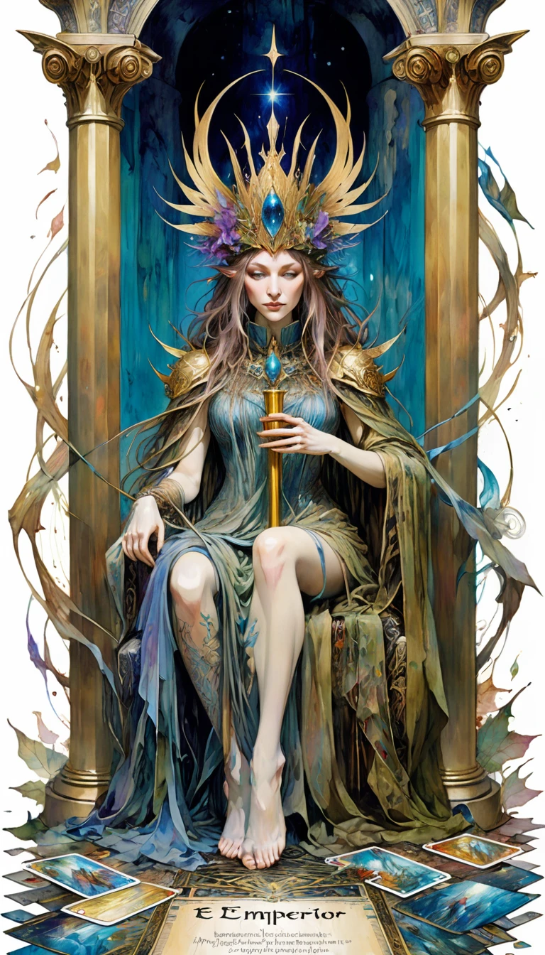 tarot card, the emperor, woman between two columns, one white column and one black column, FULL frames of tarot cards ((text on card: "EL EMPERADOR")) (by Brian Froud and Carne Griffiths and Wadim Kashin, intricate details, oil paint)