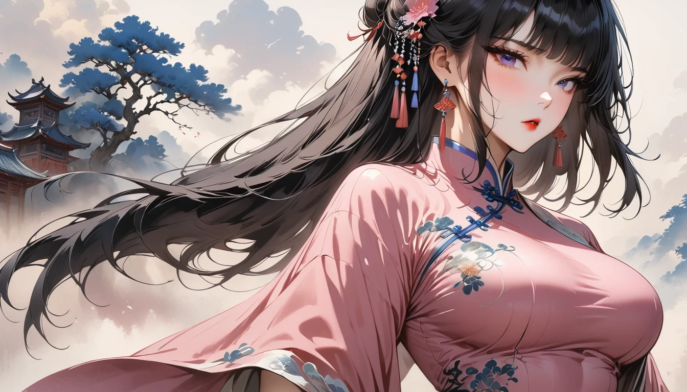 (Masterpiece, Best Quality: 1.3), 1girl, (Conservatively Dressed: 1.8), pink-purple cheongsam, pink-purple qipao, (Mature: 1.0), Cold Eyes, Gorgeous Accessories, Fluttering Cloak, very aesthetic, national painting, Clothing ink painting style, medium shot, bangs, blunt bangs, high detail, Masterpiece, super detail, best quality