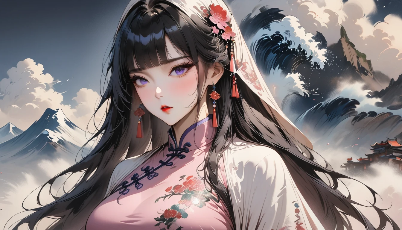 (Masterpiece, Best Quality: 1.3), 1girl, (Conservatively Dressed: 1.8), pink-purple cheongsam, pink-purple qipao, (Mature: 1.0), Cold Eyes, Gorgeous Accessories, Fluttering Cloak, very aesthetic, national painting, Clothing ink painting style, medium shot, bangs, blunt bangs, high detail, Masterpiece, super detail, best quality