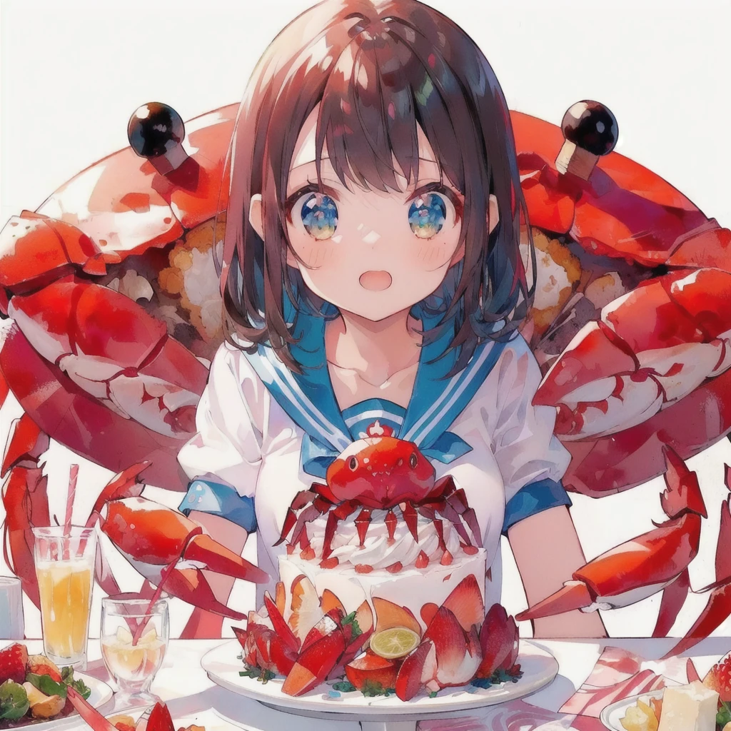 Anime girl in front of strawberry cake and food, Crab on cake,Big crab behind the girl,Anime Food, crabcore, headcrab, ❤🔥🍄🌪, Anime Wallpaper, crab, Eat cake, Crustacean, 巨大なcrab, Cute Anime, 4K Manga Wallpapers, Pixiv, 擬人化されたcrab, hd Anime Wallpaper, crabモンスター