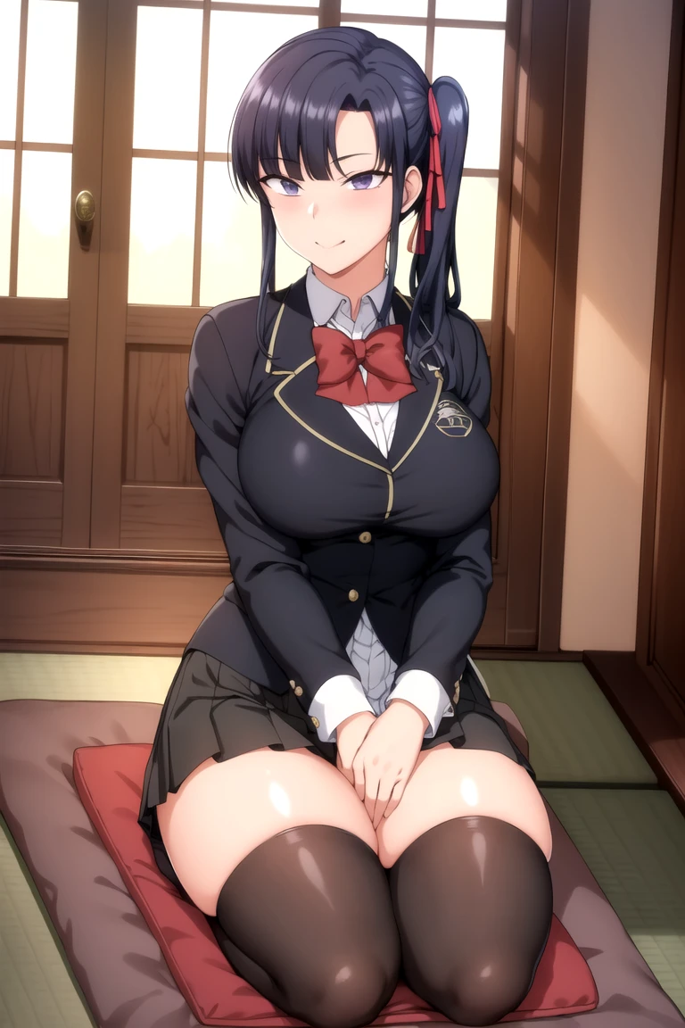 masterpiece, Highest quality, Very detailed , MyjmSkr-KJ, Black Skirt, View your viewers, smile, Pleated skirt, Collared shirt, Long sleeve, Sitting, Mouth closed, , Jacket, Hair Ribbon, flower, socks, indoor, Side Ponytail, Knee-high, Red Bow, seiza, tatami, sliding door, flower瓶, Place your hands on your thighs, Japanese cushion
