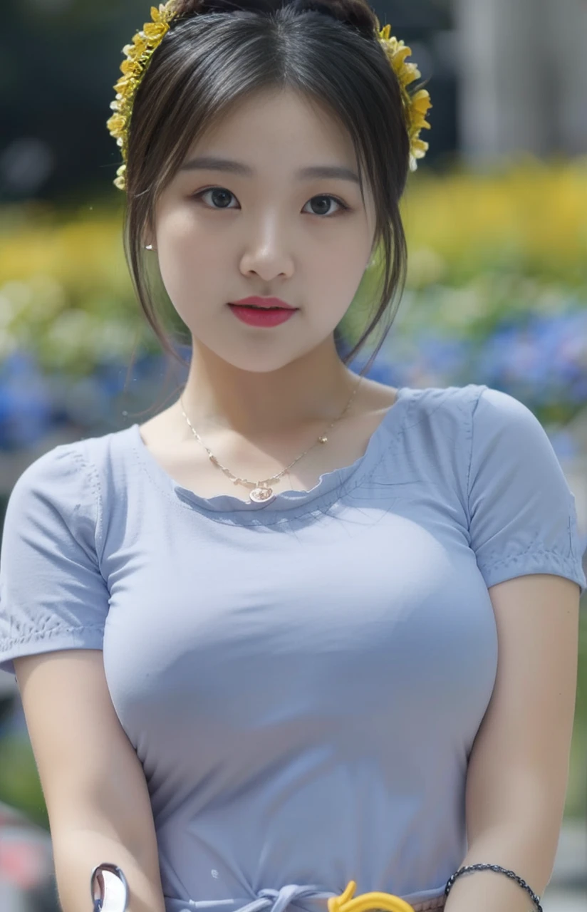 ((best quality)), ((masterpiece)), (detailed), perfect face, araffe woman in a long dark-blue shirt and blue denim skirt walking down a street, thicc, wavy short hair , she has a jiggly fat round belly, bbwchan, wearing tight simple clothes, skinny waist and thick hips, widest hips, her belly is fat and round, soft curvy shape, hyperrealistic full figure, wearing a cute top, wide hips, wearing 10 bracelet , wearing huge diamond necklace