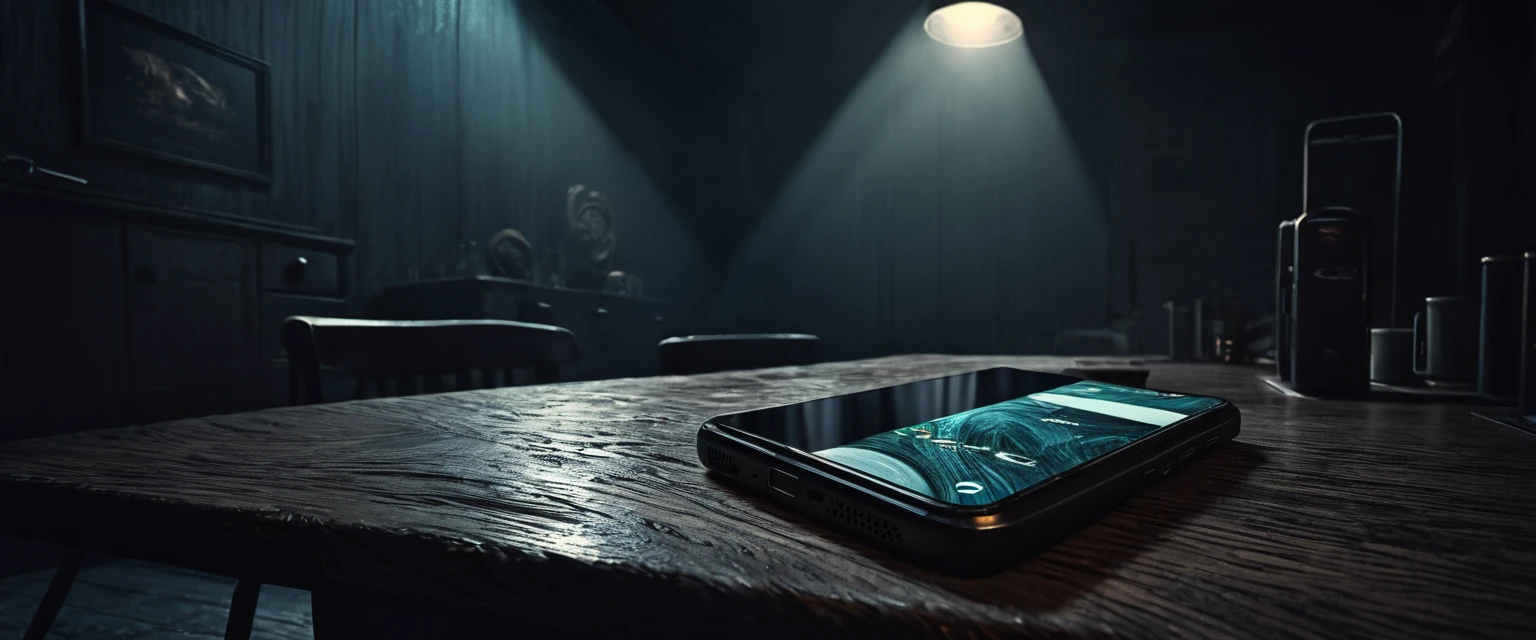 a ringing smartphone on a table in a dark room, horror thriller ambient, HDR, moody dark palette colors, intricate detailed textures, dramatic lighting, photorealistic, cinematic composition, atmospheric, eerie,