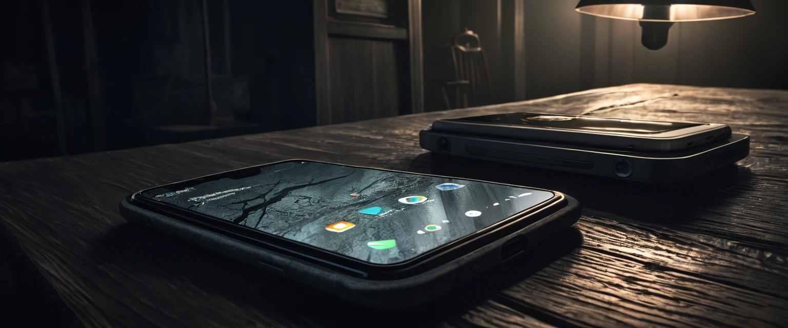 a ringing smartphone on a table in a dark room, horror thriller ambient, HDR, moody dark palette colors, intricate detailed textures, dramatic lighting, photorealistic, cinematic composition, atmospheric, eerie,