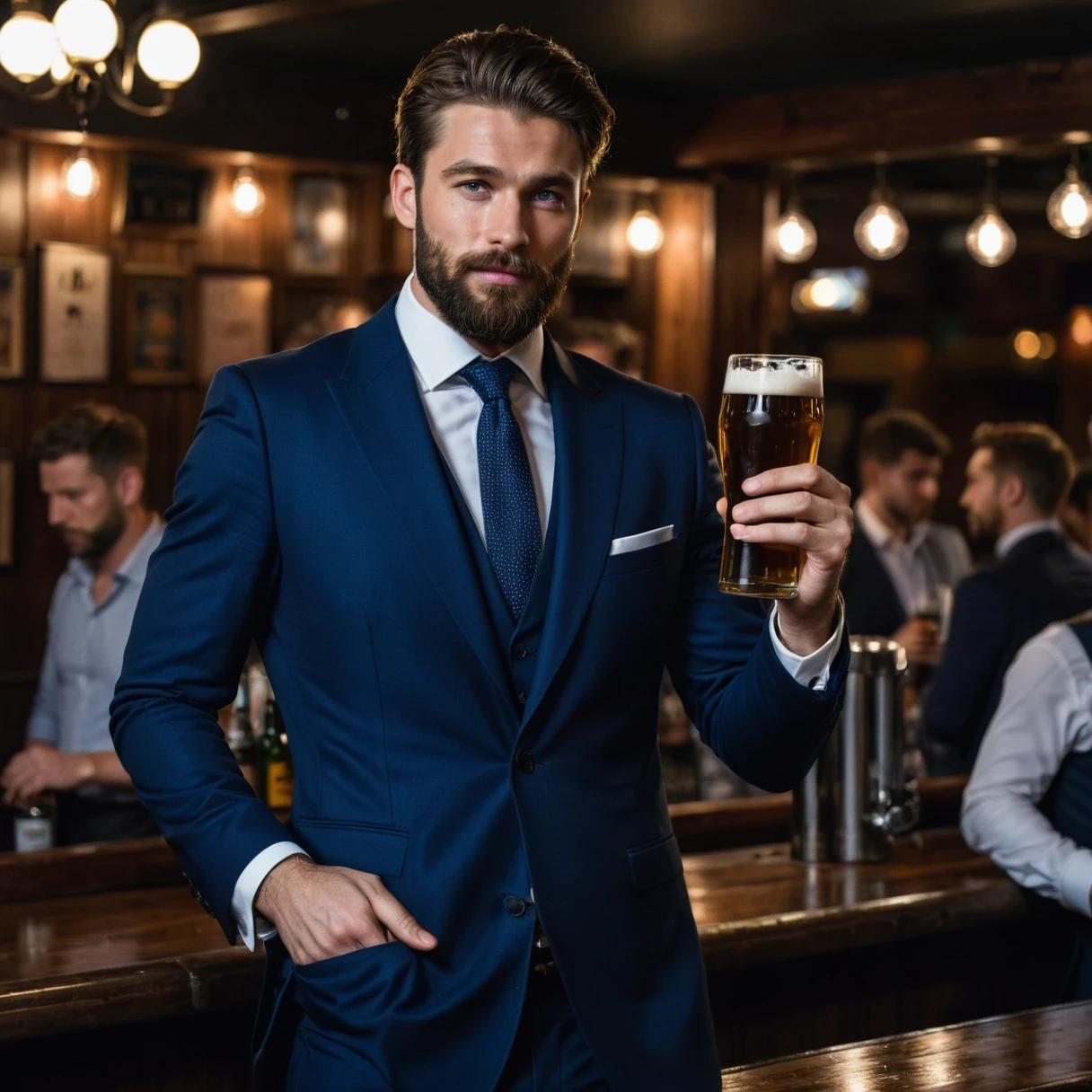 RAW-Foto, Full length portrait of a handsome man with beard in a dark blue suit, with arms crossed, he stands in a crowded bar with a beer in his hand, detailed face, blue eyes, (highly detailed skin:1.2), 8K  UHD, dslr, soft lighting, good quality, film grain, Fujifilm XT3 dappled light on the face, pale skin, Hautporen, oiled, shiny skin, Skin impurities, impure skin, complicated skin details, visible skin detail, detailed skin structure, Blush, folds, Vitiligo spots, moles, Blackheads, Blackheads, white pimples, red pimples, Schönheitsfleck, Hautflaum, [[[[[freckles]]]]] (perfect eyes), ((perfect hands with four fingers and one thumb each))