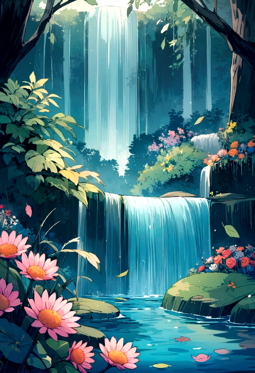 A beautiful waterfall cascading into a crystal-clear pool, falling leaves and flowers tails, wallpapper, printable
