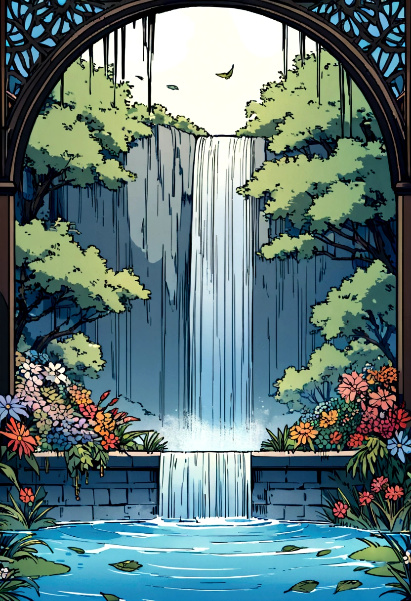 A beautiful waterfall cascading into a crystal-clear pool, falling leaves and flowers tails, wallpapper, printable