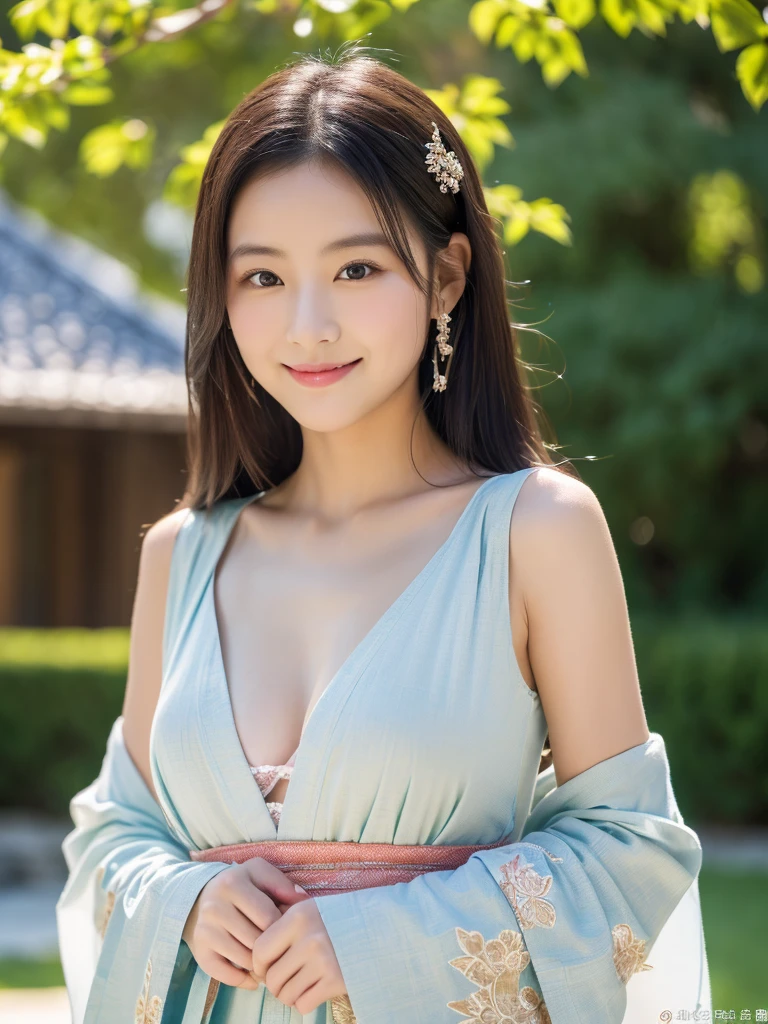 (8K, Raw-Foto, best quality, perfect body, masterpiece:1.2),(realisti, foto realisti:1.4),(Hochdetailliertes CG Unity 8K-Hintergrundbild),(round face: 1.5),beautiful woman, whole upper body,charming kimono with crane motif, medium breasts, medium-sized well-formed breasts, pretty colorful long hanging earrings,(boy, but very beautiful 2o--old ean, pretty eyes, Discreet smile,Looking forward,looking at the camera,Unforgettable eyes,The eyes are so beautiful., in front of Japanese villa, medieval Japan