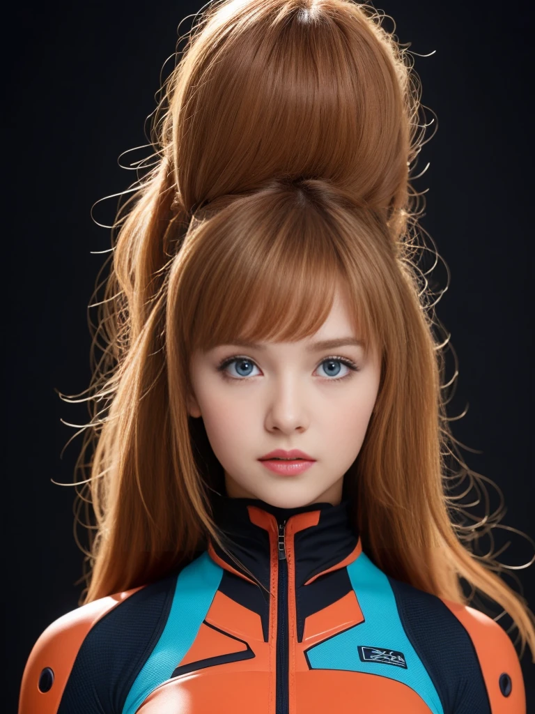 (​masterpiece:1.4、top-quality)、(intricate detailes)、Unity8k wallpapers、Ultra-detail、Beautiful and mysterious、detailedbackground、realisitic、solo、Perfectly detailed face、Detailed blue eyes、ighly detailed、red blush、hair adornments、Chignon mahogany hair、(blonde  hair)、Plug Suit 02,Shikinami Asuka Langley、evangerion、Looking at the camera、facing front、Cute  s、full body suits、black backgrounds、large boob