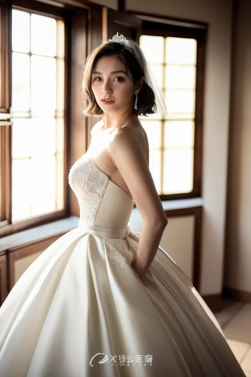 highest quality, masterpiece, High resolution, Photoreal, Raw photo, 8k wallpaper, Flawless, professional lighting, very detailed, Depth of the bounds written, ((one beautiful woman)), 40 years old, sexy woman, ((White satin ballgown style wedding dress with a white ribbon belt)), ((elbow length white satin opera gloves)), beautiful, flawless, mature woman, Upper body, ((look into the viewer&#39;s eyes)), detailed face, beautiful eyes, ((facing the front)), at a church, sunny, bangs, well-shaped chest, cleavage, light browupdo with a tiara and veil, faint lips, cowboy shot, ((arm between legs))(Cinematic Aesthetic:1.4) 