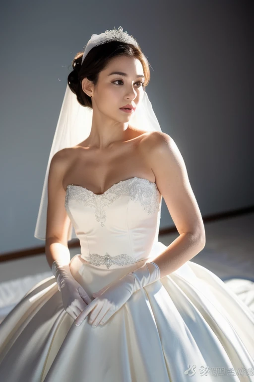 highest quality, masterpiece, High resolution, Photoreal, Raw photo, 8k wallpaper, Flawless, professional lighting, very detailed, Depth of the bounds written, ((one beautiful woman)), 40 years old, sexy woman, ((White satin ballgown style wedding dress with a white ribbon belt)), ((elbow length white satin opera gloves)), beautiful, flawless, mature woman, Upper body, ((look into the viewer's eyes)), detailed face, beautiful eyes, ((facing the front)), at a church, sunny, bangs, well-shaped chest, cleavage, light browupdo with a tiara and veil, faint lips, cowboy shot, ((arm between legs))(Cinematic Aesthetic:1.4)