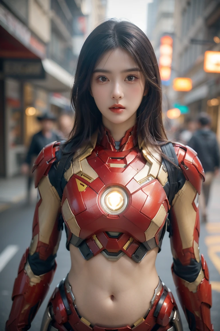 A girl wearing red Iron Man armor,Exposing sexy belly,((cowboy shot)),Looking at the camera,Detailed facial features, beautiful eyes, Lips, and long eyelashes, Reality, 8K, Very detailed, Studio Lighting, Dramatic Lighting, Vibrant colors, work, City Streets,The abdomen is open,Showing belly,Sexy abdominal muscles