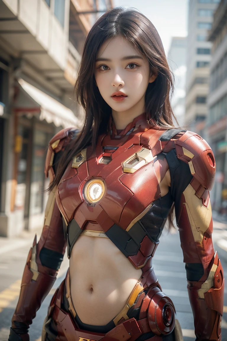 A girl wearing red Iron Man armor，Exposing sexy belly,((cowboy shot))，Looking at the camera，Detailed facial features, beautiful eyes, Lips, and long eyelashes, Reality, 8K， Very detailed, Studio Lighting, Dramatic Lighting, Vibrant colors, work, City Streets，The abdomen is open，Showing belly，Sexy abdominal muscles