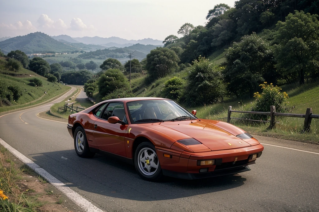 rural road in thailand,1990 red-orange sport  ferrari car