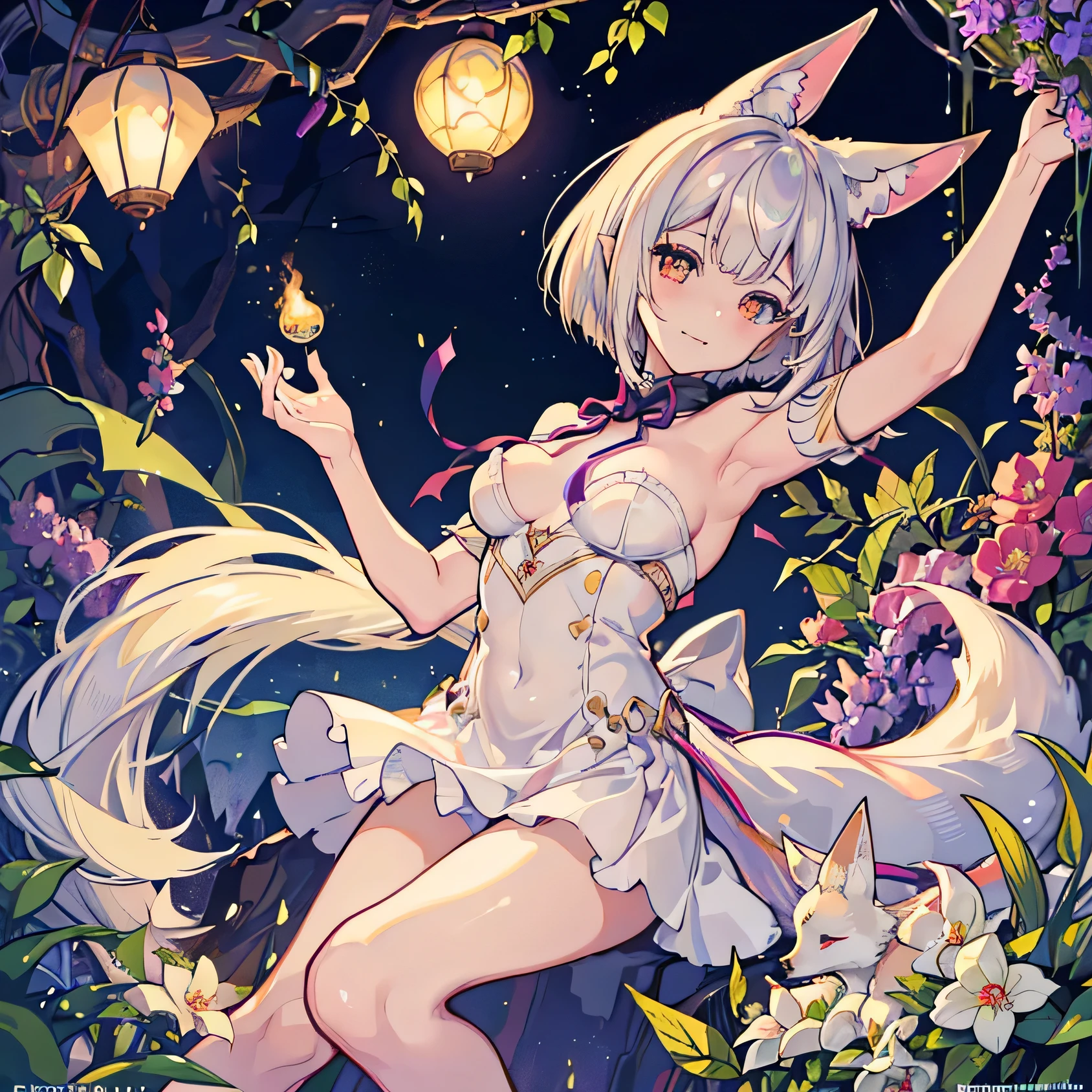 1girl,fantasy,twilight forest,merchant,{thighs with vine},beautiful breasts,{{{white cloth with plutinum vine}}},fluffy fox tails with ribbon,campanula,silver hair,short bob cut,{{fennec ears}},naughty face,night,Arms behind,sweet perfume,Dryad,