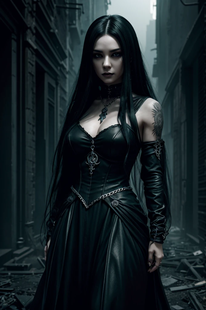 Anime woman with long black hair, gothic make-up, silver jewelry, complex tattoos, dark academia outfit, standing in a dystopian dark landscape, diffuse light, gloomy city in ruins on the horizon, monochrome, portrait of a demon princess, high resolution, detailed shading, digital painting, atmospheric, cinematic, character design by Sakimichan and Artgerm, dynamic lighting, macabre aesthetic, mysterious, ethereal