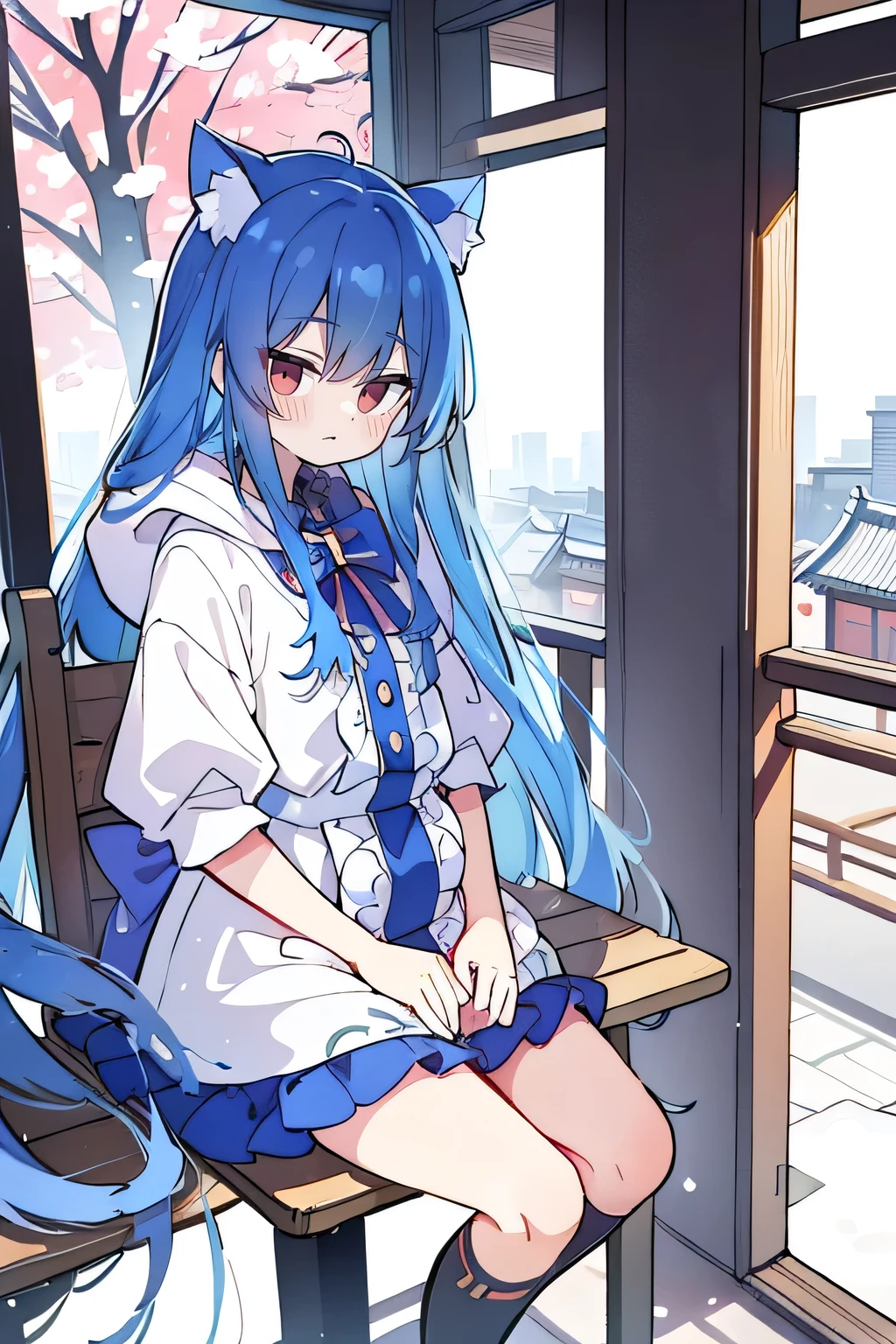 (masterpiece:1.2),Super detailed,lifelike,Expressive eyes,fair skin,perfect face shape,1 girl,
Japanese comics,Gorgeous blue hair,flowing blue hair,flowing clothes,Cat ears,Petals fall,beautiful lola,Baby Angel,
Cross your legs,Gentle and peaceful background,The pavilion is cool and comfortable,smile, wearing hoodie, background of tokyo,back views,snowing, winter.