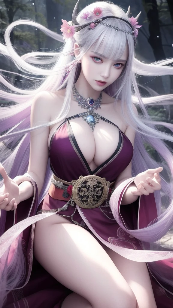 (masterpiece, top quality, 1 female, solo, exquisite details, chromatic aberration), (realistic), (skin), ((breathing)), (silver hair, blunt bangs, short cut straight long hair, short cut bangs, silver hair), beautiful hair, red headdress, blue highlights, hair over one eye, purple eyes, thick lips, earrings, piercing eyes, ((pink and white kimono)), ((symmetrical eyes)), ((perfectly symmetrical body)), ((perfectly symmetrical hands)), (purerosface_v1:0.3), night, (((self, natural light))), bright lighting, flowers blooming in the background, front of viewer, ((central shot, from the front, (face and waist))), mysterious atmosphere, flowers blooming around, light colored background, fortune teller in kimono, beautiful fortune teller, fortune teller, dark fantasy female fortune teller, female fortune teller, f Fantasy photography, magician, witch fairy tale, Japanese style, elegant cinematic fantasy art, fantasy woman, portrait of magician, casting a spell, fortune teller, unsexy kimono, A powerful wizard stands in a mysterious forest, flowing robes adorned with symbols, holding a glowing heart crystal ball, eyes glowing with mystical energy, spells leaking from his mouth, vivid swirling patterns of black magic pulsating in hues of red and blue appear in the air, magic permeates, flowers bloom and sacred creatures gaze in awe, threads of magical energy dance, revealing hidden realms and unravelling secrets, capturing the essence of this enchanting moment and bringing to life the mysterious power of black magic on a canvas of the highest quality and finest detail. Top Quality, Masterpiece, Ultra High Resolution, (Photorealistic: 1.4), RAW Photo, Sharp Focus, High Resolution, Detailed Skin, .