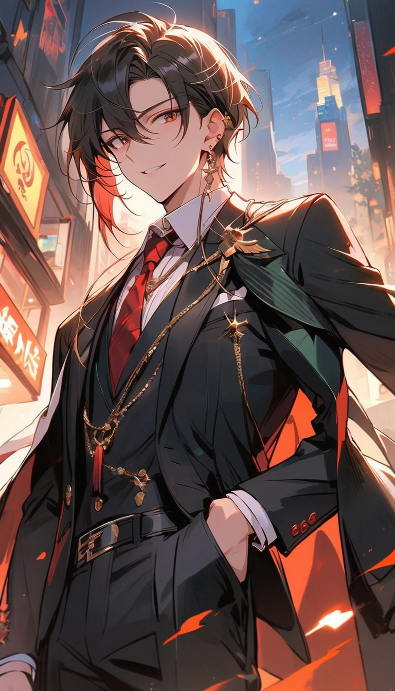 (masterpiece, Highest quality), Yishang_edge, Default_Costume, One boy, alone, Red tie, Black jacket, Black vest, Jacket on shoulders, White shirt, Collared shirt, Black trousers, View your viewers, city, night, From below