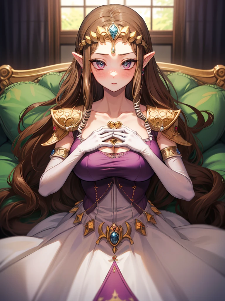 ((Expressionless)),((((1 boy, POV hands, Grab your chest)))),((Upper Body)),((alone)),((Lying in bed)),Anime art style,masterpiece,(Highest quality), (Super detailed),(Very delicate and beautiful),(alone),(detailedな顔と目),Beautiful eyes like jewels,(A truly gorgeous jeweled ruffled rococo ball gown dress),(((Mature Woman,Queen))),((1 Queen in a beautiful embroidery and jeweled absolutely gorgeous rococo ballgown dress with voluminous full length hoop skirt)),((crinoline)),Very detailedな絶対にゴージャスなロココボールガウンdressとフリルのボリュームのあるフルレングスのフープスカート,((Straight hair galore,Very long straight hair with plenty of volume,Super long straight hair)),,Cleavage,(bed),length_gloves,Very gorgeous hair accessory,Sparkling、A gorgeous jewel-studded tiara,((Gorgeous Glitter Jewelry)),Full body portrait,((bangs)),((Golden hair ornament)),((((Front Face)))),((((Adult Expressions)))),((((Beautiful Face)))),(((Exposed clothing)))),(()),(((Long Hair)))),((((Straight hair)))),((Cleavage)),((((Dark brown hair)))),Princess Zelda,((chest is slightly exposed)), ((Highest quality)),,(Very detailed) ,((Purple blouse)),((Put your arms behind your back)),Brown Hair,((Embarrassed look)),Blushing, ((Highest quality)), (Very detailed),((detailed)),(((pray))),Nintendo, The Legend of Zelda),Blushing,((alone)), ((Highest quality)), (Very detailed), ,