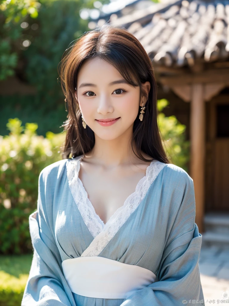 (8K, Raw-Foto, best quality, perfect body, masterpiece:1.2),(realisti, foto realisti:1.4),(Hochdetailliertes CG Unity 8K-Hintergrundbild),(round face: 1.5),beautiful woman, whole upper body,charming traditional kimono with crane motif, medium breasts, medium-sized well-formed breasts, pretty colorful long hanging earrings,(boy, but very beautiful 2o-year-old Korean, pretty eyes, Discreet smile,Looking forward,looking at the camera,Unforgettable eyes,The eyes are so beautiful., in front of Japanese villa, medieval Japan