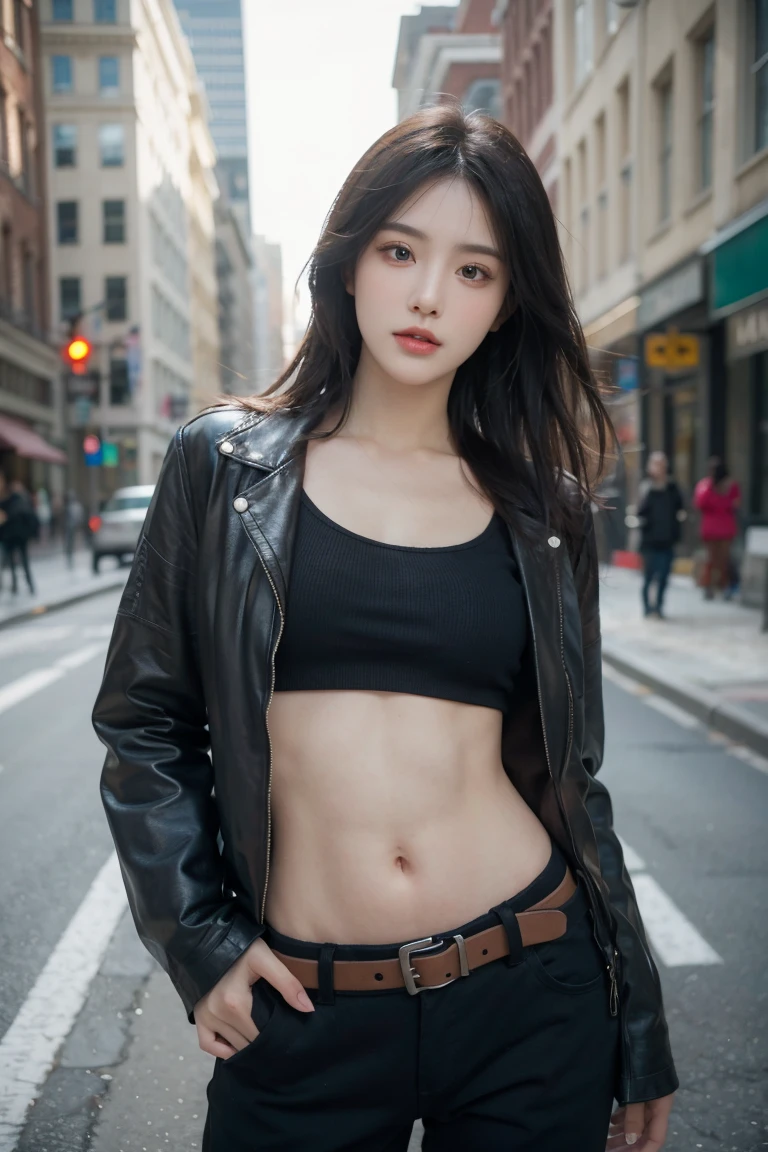 girl in winter scene, Short belly down jacket, Exposed lower abdomen,Low-rise pants, Metal belt,((cowboy shot)),Looking at the camera,Detailed facial features, beautiful eyes, Lips, and long eyelashes, Reality, 8K, Very detailed, Studio Lighting, Dramatic Lighting, Vibrant colors, work, City Streets,The abdomen is open,Showing belly,Sexy abdominal muscles