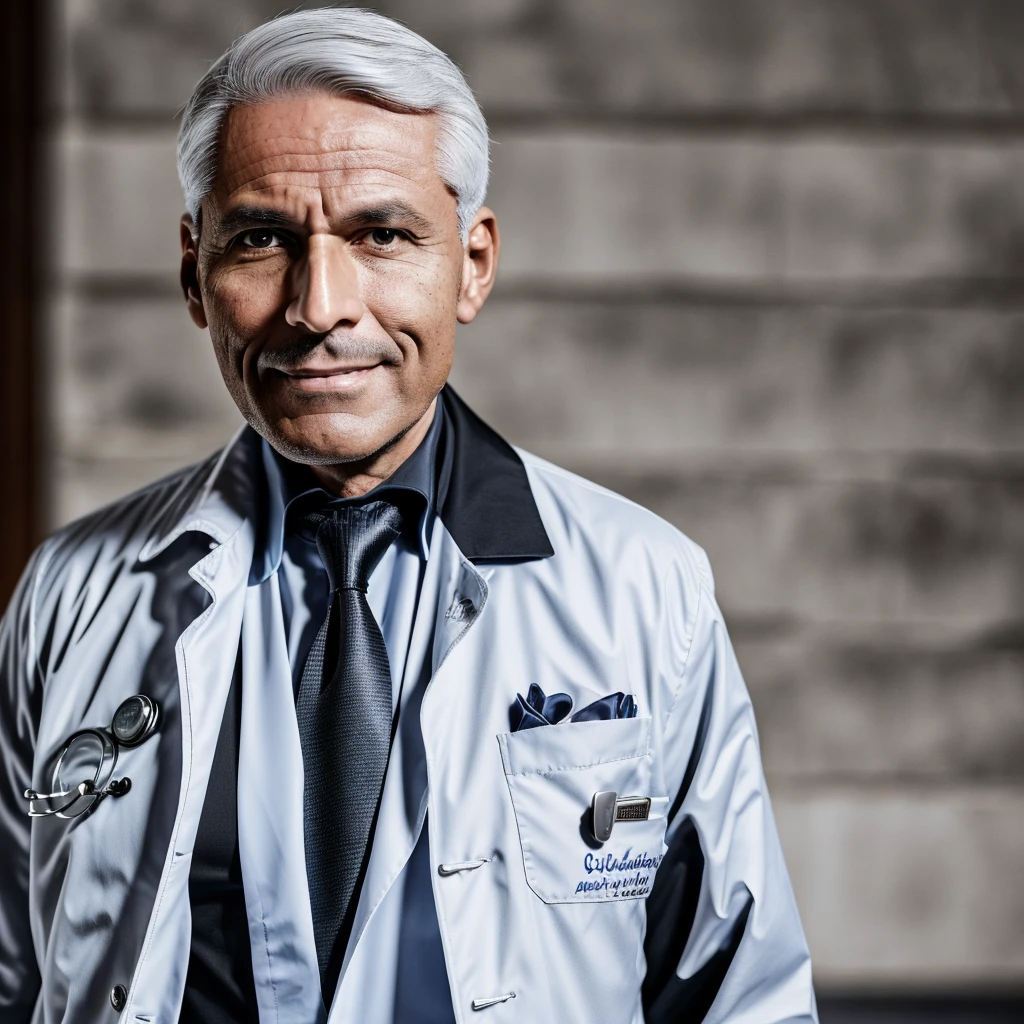 "A 57-year-old doctor, confident and authoritative, with short, silver hair and a well-groomed appearance, wearing a white coat over a black shirt with a black tie. It&#39;s in a 3x4 photo. He is in his elegantly decorated office with a modern, luxurious and rustic appearance. Lighting highlights your facial features, with red lights in the background, a handsome man with Brazilian nationality, dark skin tone and gray hair and no beard.