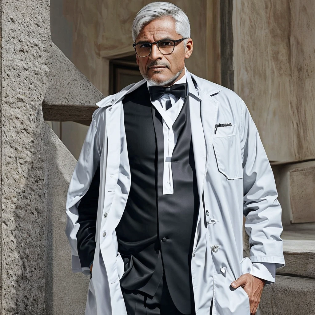 "A 57-year-old doctor, confident and authoritative, with short, silver hair and a well-groomed appearance, wearing a white coat over a black shirt with a black tie. It&#39;s in a 3x4 photo. He is in his elegantly decorated office with a modern, luxurious and rustic appearance. Lighting highlights your facial features, with red lights in the background, a handsome man with Brazilian nationality, dark skin tone and gray hair and no beard.