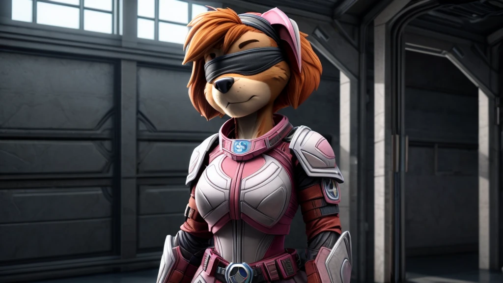 Skye from Paw Patrol, female cockapoo, anthro, adult, orange hair, blindfold, she is blind, pink and white combat armor suit, serious, standing, detailed, solo, beautiful, high quality, 4K