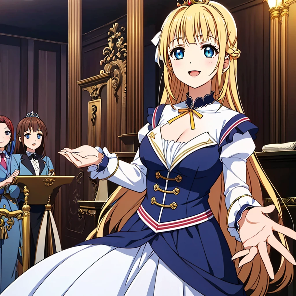 (highest quality, masterpiece:1.2), highest quality, High resolution, 1080P, 8K, Height: 158cm, ((High-definition game CG)), ((Like a beautiful girl dreaming of a game heroine、Very intelligent, very noble, lovely and pure beautiful princesses、With the best smile、Looking at the audience、Hands over their mouths)), A face that everyone loves, Glossy lips, Even bangs, ((Very beautiful blue eyes)), ((Very beautiful and long hair)), (((The most luxurious in the world、Rococo dress))), ((tiara studded with diamonds)), So many gemstones, Extremely lustrous, shiny game heroine lips, A girl with her open hand over her open mouth, like a game heroine, Ribbon in hair, Tight waist, slender, The ribbon is big and very pretty., Beautiful hair like a hair model, Long skirt, ((((French palace ballroom)))), ((Big ribbon in her hair))