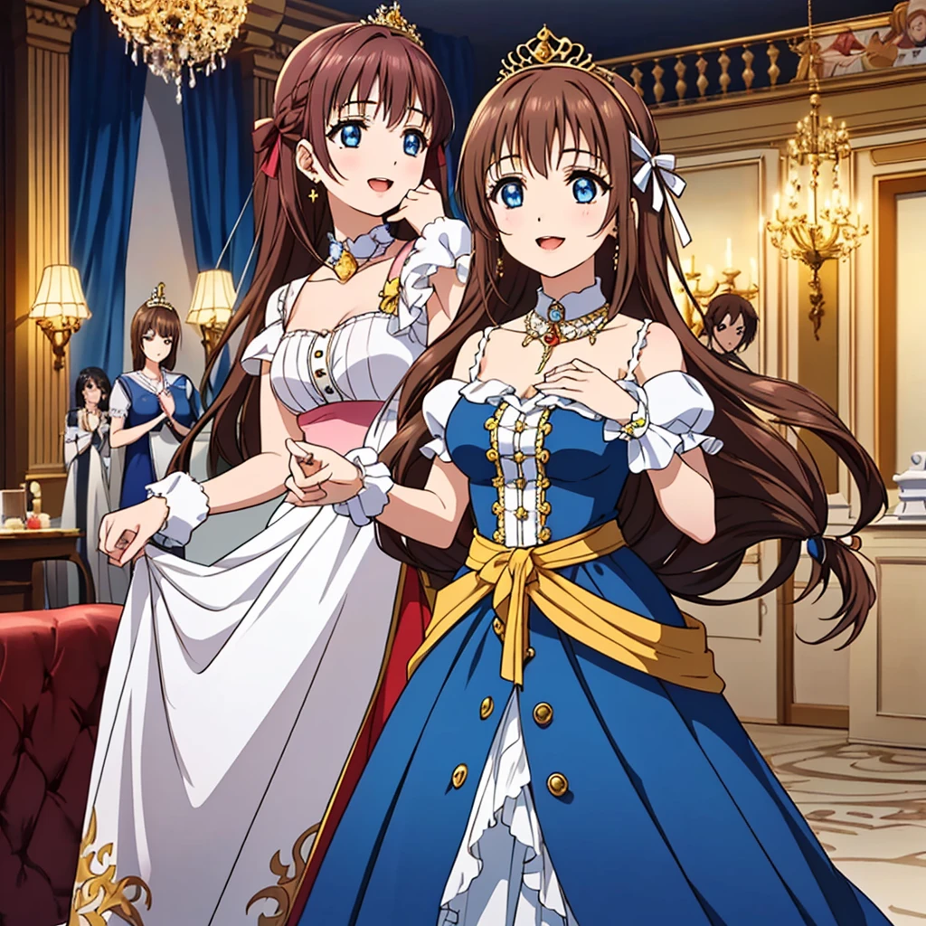 (highest quality, masterpiece:1.2), highest quality, High resolution, 1080P, 8K, Height: 158cm, ((High-definition game CG)), ((Like a beautiful girl dreaming of a game heroine、Very intelligent, very noble, lovely and pure beautiful princesses、With the best smile、Looking at the audience、Hands over their mouths)), A face that everyone loves, Glossy lips, Even bangs, ((Very beautiful blue eyes)), ((Very beautiful and long hair)), (((The most luxurious in the world、Rococo dress))), ((tiara studded with diamonds)), So many gemstones, Extremely lustrous, shiny game heroine lips, A girl with her open hand over her open mouth, like a game heroine, Ribbon in hair, Tight waist, slender, The ribbon is big and very pretty., Beautiful hair like a hair model, Long skirt, ((((French palace ballroom)))), ((Big ribbon in her hair))