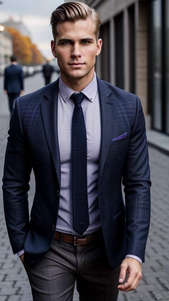 Ultra-realistic, cinematic, man, 29 years old, blond hair hair, side parted hairstyle , clean shaven, hourglass body type, wears navy blue blazer, lavender checked shirt, dark brown knitted tie , walks on street of Moscow, autumn, happy