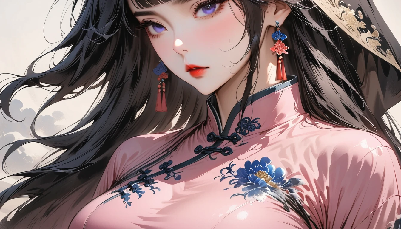 (Masterpiece, Best Quality: 1.3), 1girl, (Conservatively Dressed: 1.8), pink-purple cheongsam, pink-purple qipao, (Mature: 1.4), Cold Eyes, Gorgeous Accessories, Fluttering Cloak, very aesthetic, national painting, Clothing ink painting style, gradient hair, blunt bangs, blunt bangs, high detail, Masterpiece, super detail, best quality