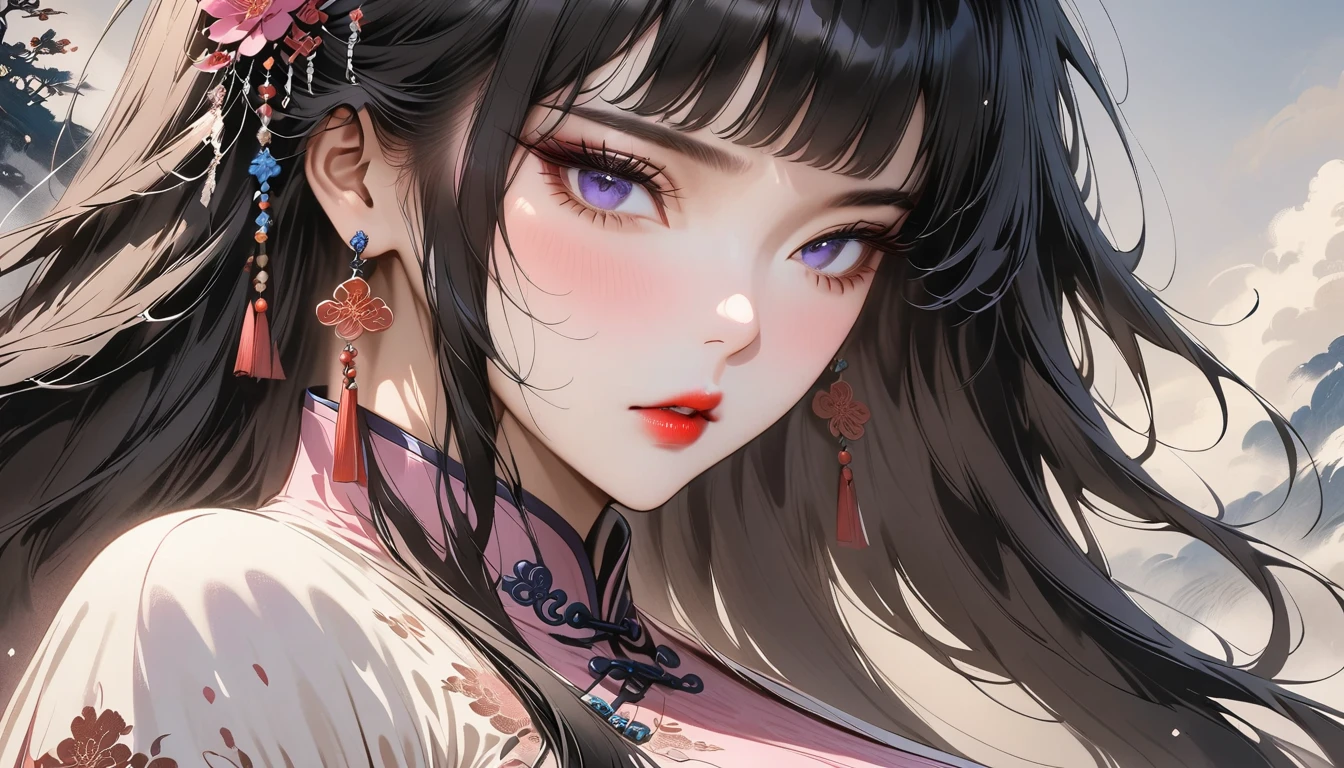 (Masterpiece, Best Quality: 1.3), 1girl, (Conservatively Dressed: 1.8), pink-purple cheongsam, pink-purple qipao, (Mature: 1.4), Cold Eyes, Gorgeous Accessories, Fluttering Cloak, very aesthetic, national painting, Clothing ink painting style, gradient hair, blunt bangs, blunt bangs, high detail, Masterpiece, super detail, best quality