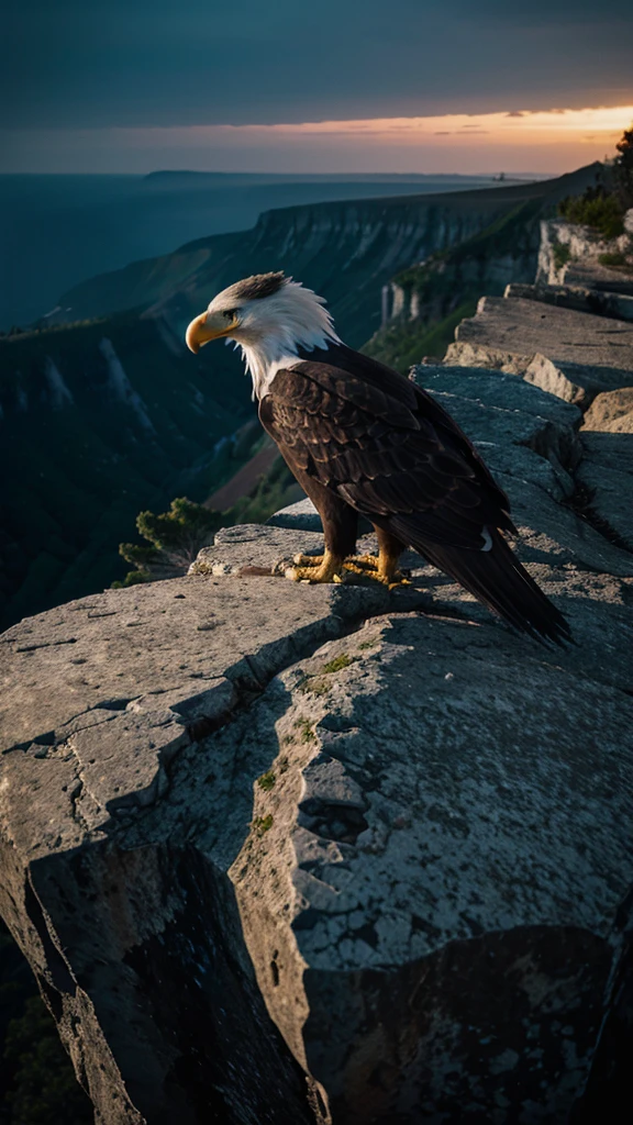 1 Eagle on a cliff, night ambience, median distance of the eagle in relation to the view of the image, Determination