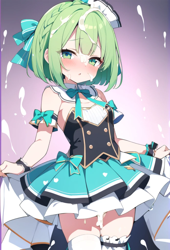 1 girl, cute, young, green hair, bob haircut, green eyes, idol costume, thigh high, {{{{{{{{excessive cum}}}}}}}}, bukkake,