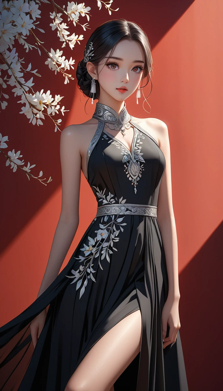 (masterpiece,high quality,8K).beautiful girl,Ethnic evening dress:1.5.Skin details,Bright Eyes,Thick eyelashes,Unique,Staring at the audience),(High collar sleeveless black maxi dress,Long legs,seedling:1.5,Silver jewelry:1.2,silver tassel:1.37,)。Light and Shadow,Clean and simple red background