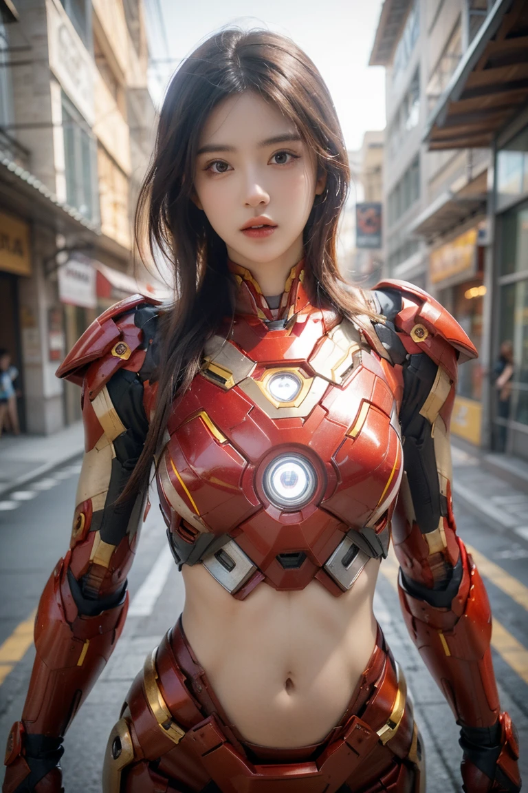 A girl wearing red Iron Man armor,Exposing belly,((cowboy shot)),Looking at the camera,Detailed facitures, beautiful eyes, Lips, and long eyelashes, Reality, 8K, Very detailed, Studio Lighting, Dramatic Lighting, Vibrant colors, work, City Streets,The abdomen is open,Showing belly,Sexy abdom muscles